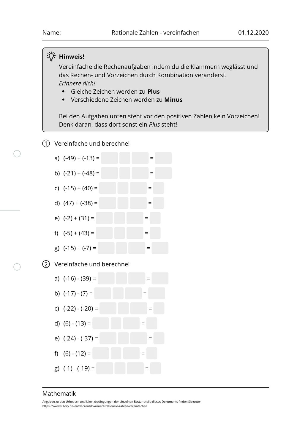 Arbeitsblatt - Rationale Zahlen - vereinfachen - Mathematik - tutory.de