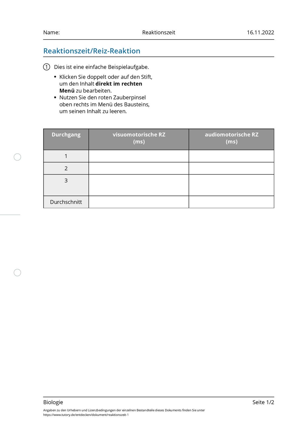 Arbeitsblatt Reaktionszeit Biologie tutory.de