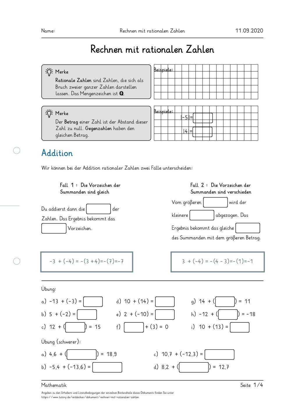 Rationale Zahlen übungen Klasse 7 Zum Ausdrucken Arbeitsblatt - Rechnen mit rationalen Zahlen - Mathematik - tutory.de
