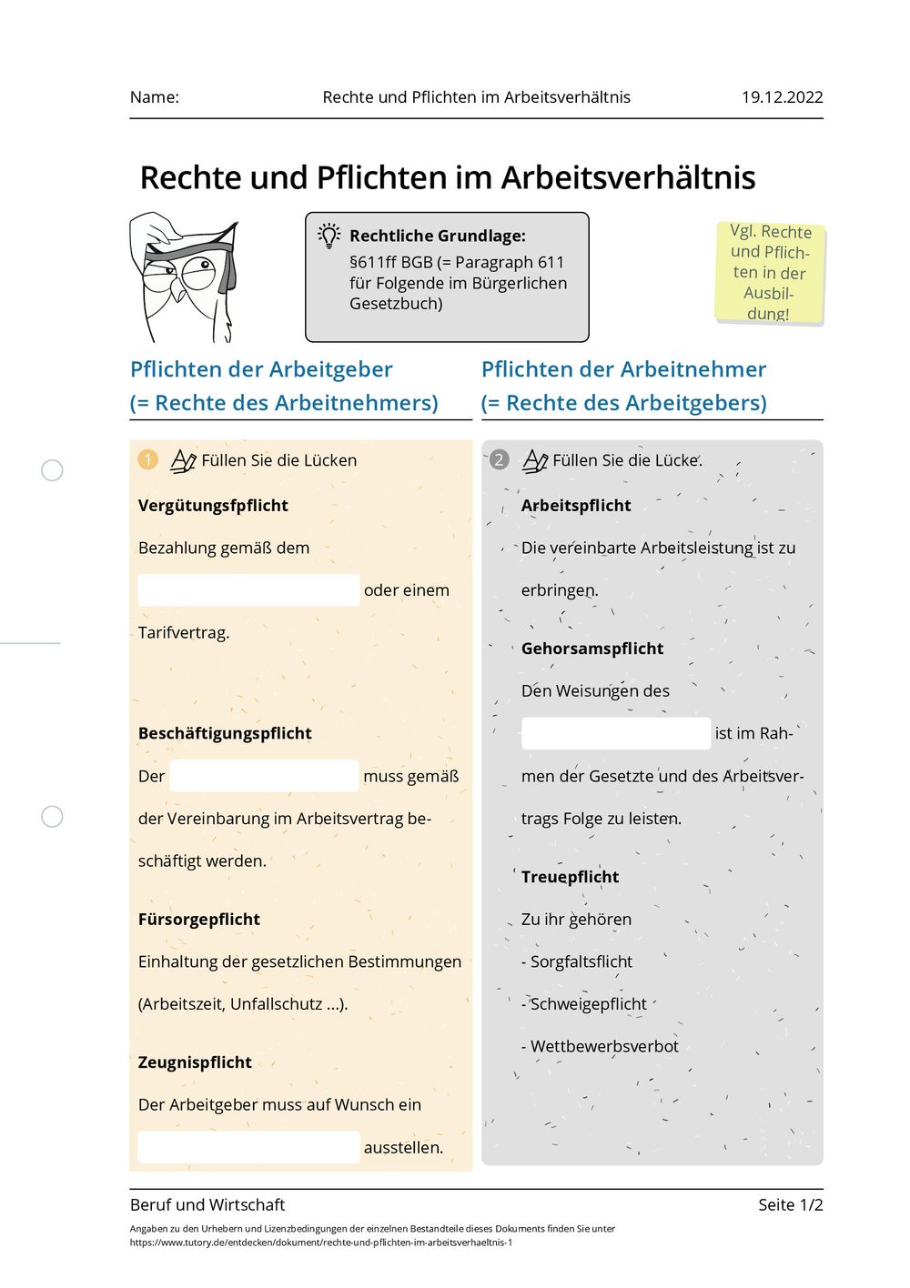 Arbeitsblatt Rechte und Pflichten im Arbeitsverhältnis Beruf und