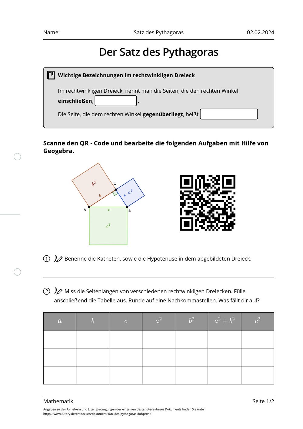 Aufgaben Zu Satz Des Pythagoras Mit Lösungen Arbeitsblatt - Satz des Pythagoras - Mathematik - tutory.de