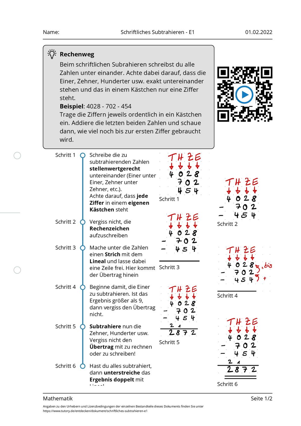 Arbeitsblatt - Schriftliches Subtrahieren - E1 - Mathematik - tutory.de