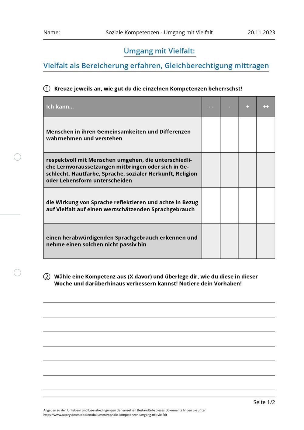 Soziales Kompetenztraining Kinder übungen Pdf Arbeitsblatt - Soziale Kompetenzen - Umgang mit Vielfalt - tutory.de