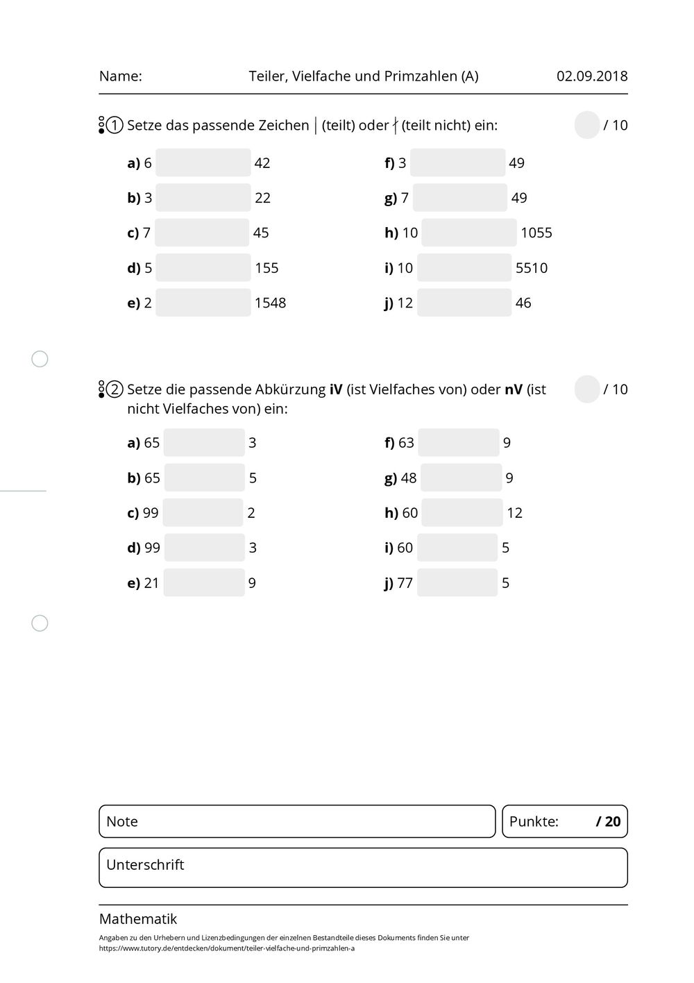 Arbeitsblatt Teiler, Vielfache und Primzahlen (A) Mathematik Mittlere Reife tutory.de