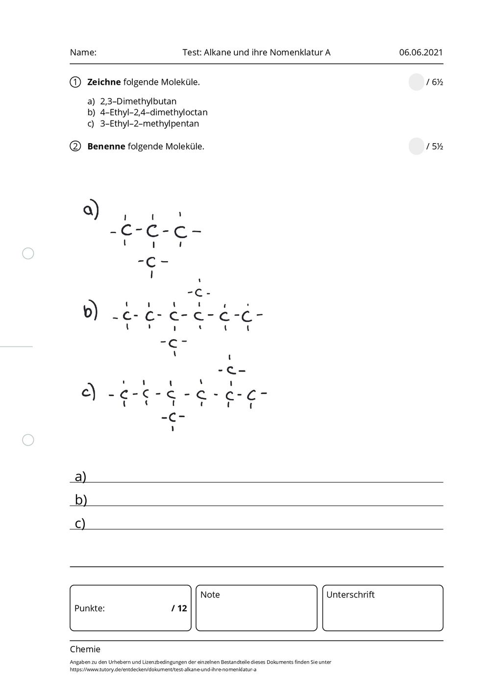 Test Z Chemii Klasa 7 Dział 2 Arbeitsblatt - Test: Alkane und ihre Nomenklatur A - Chemie - tutory.de
