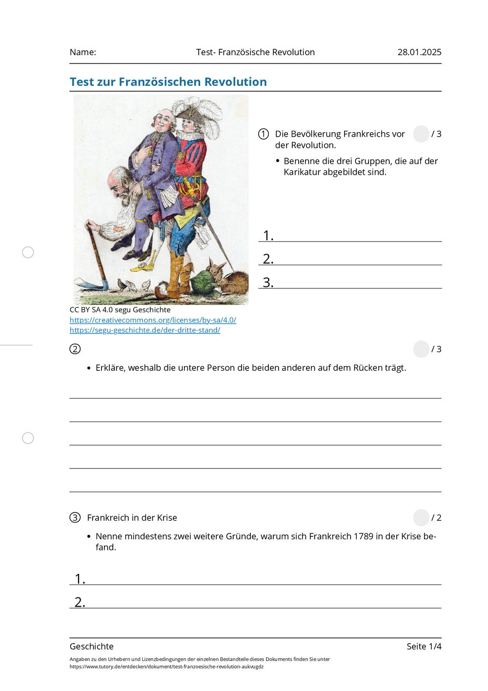 Französische Revolution Test Mit Lösungen Pdf Arbeitsblatt - Test- Französische Revolution - Geschichte - tutory.de