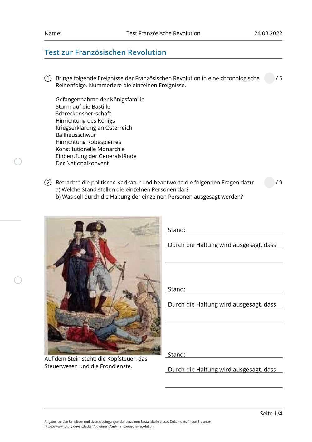 Französische Revolution Test Mit Lösungen Pdf Arbeitsblatt - Test Französische Revolution - tutory.de