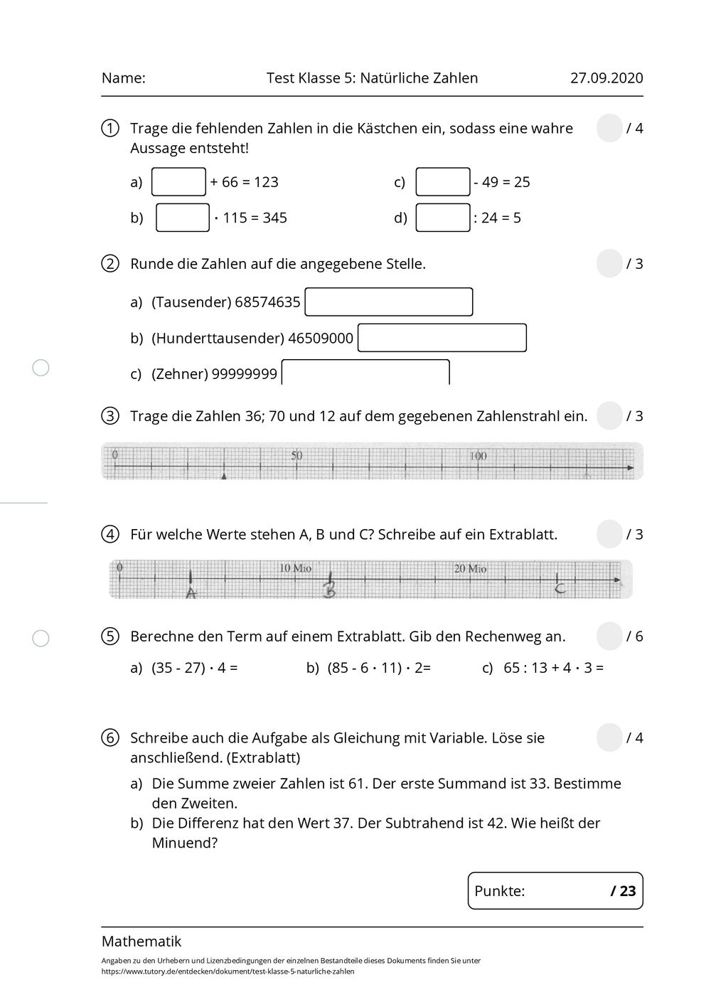 Arbeitsblatt - Test Klasse 5: Natürliche Zahlen - Mathematik - tutory.de