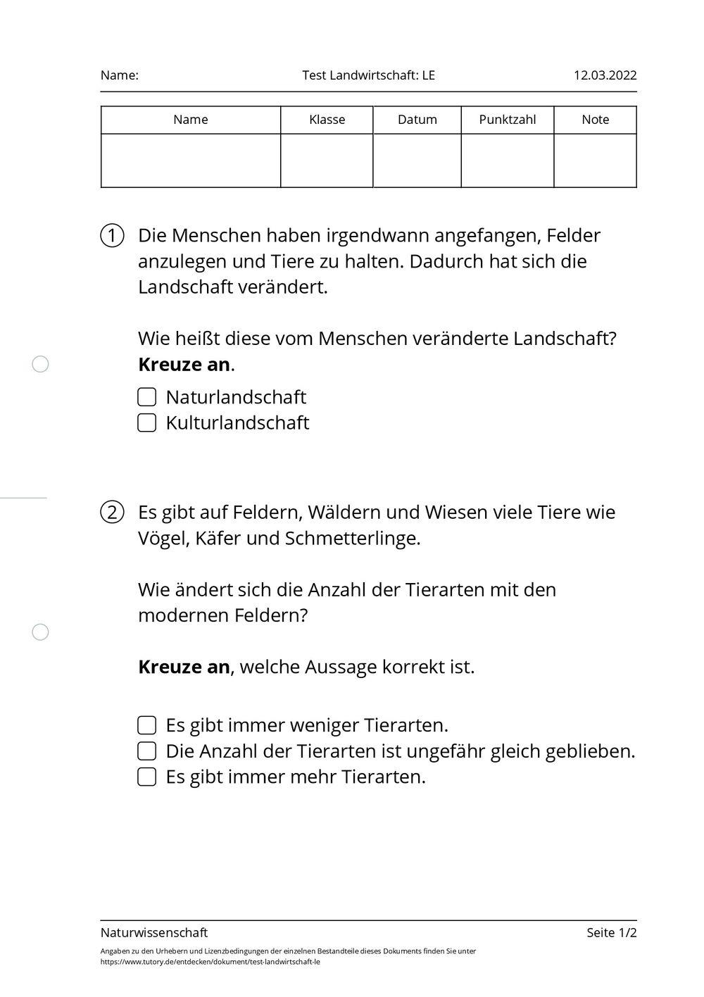 Arbeitsblatt - Test Landwirtschaft: LE - Naturwissenschaft - tutory.de