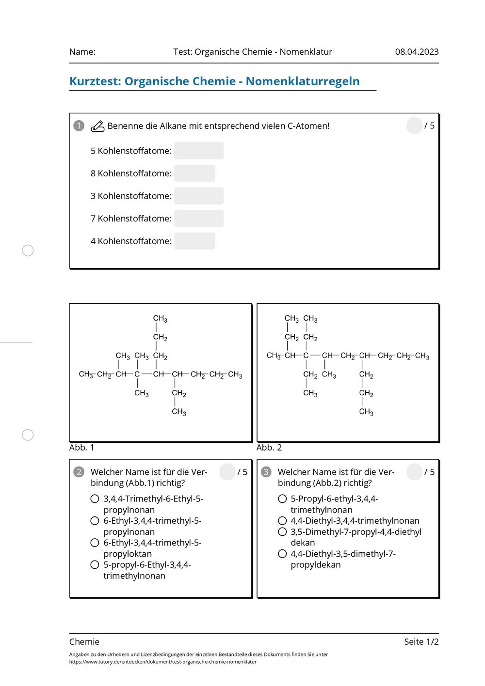 Test Z Chemii Klasa 7 Dział 2 Arbeitsblatt - Test: Organische Chemie - Nomenklatur - Chemie - tutory.de