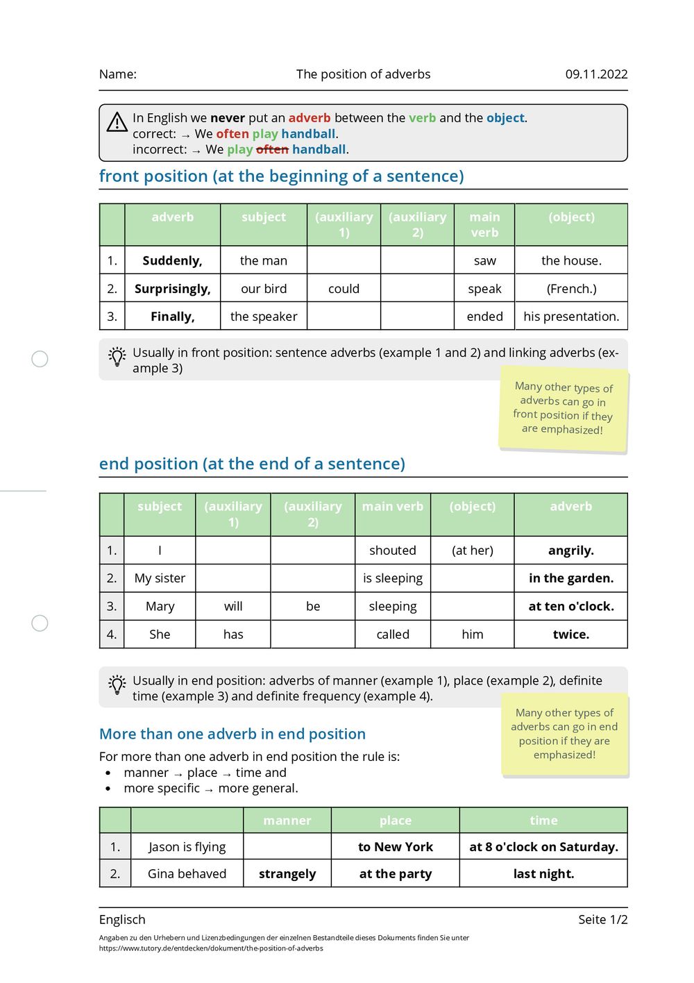 übungen Zu Adjektiven Und Adverbien Englisch Arbeitsblatt - The position of adverbs - Englisch - tutory.de