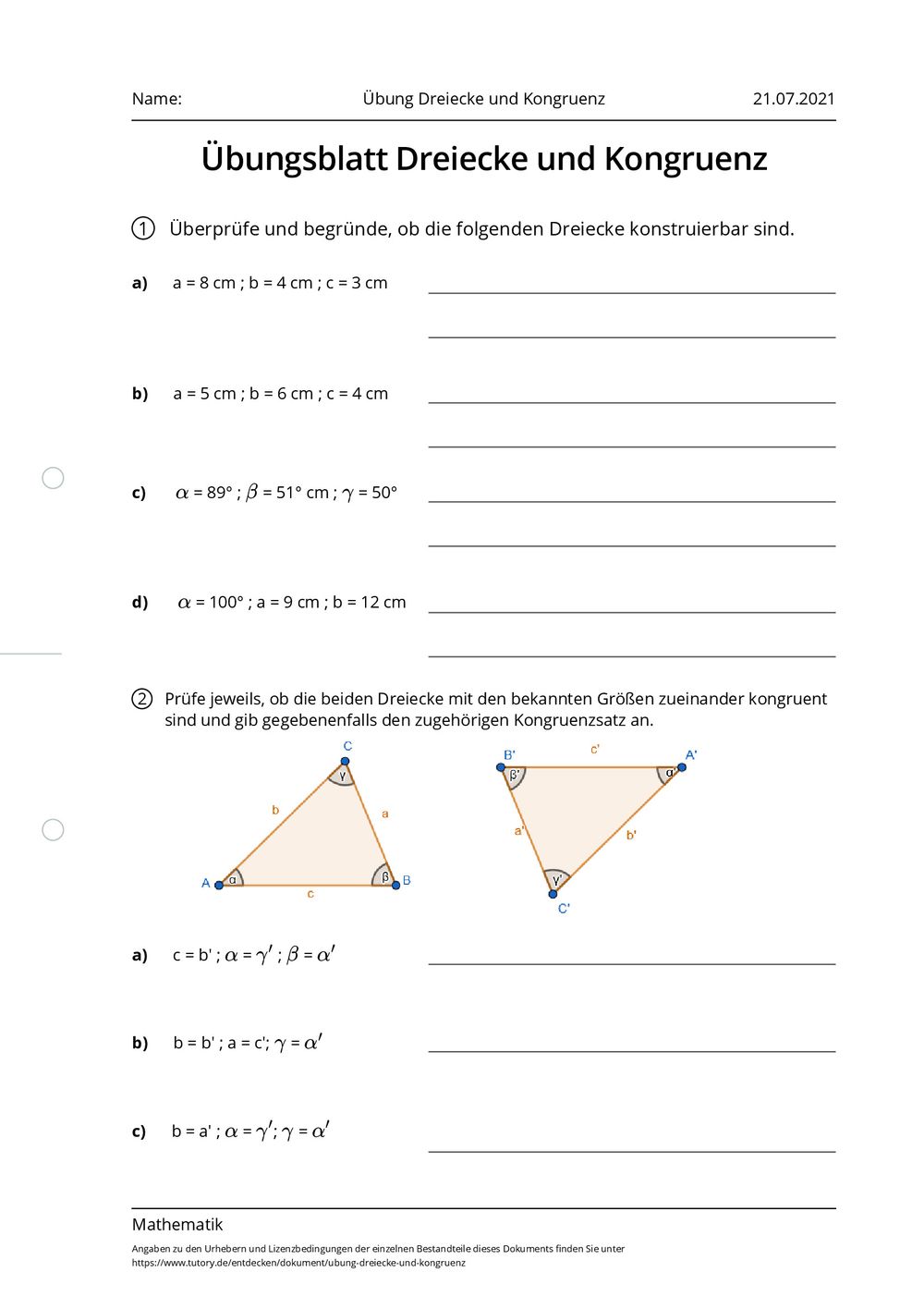 Dreiecke Konstruieren Aufgaben Pdf Mit Lösungen Arbeitsblatt - Übung Dreiecke und Kongruenz - Mathematik - tutory.de