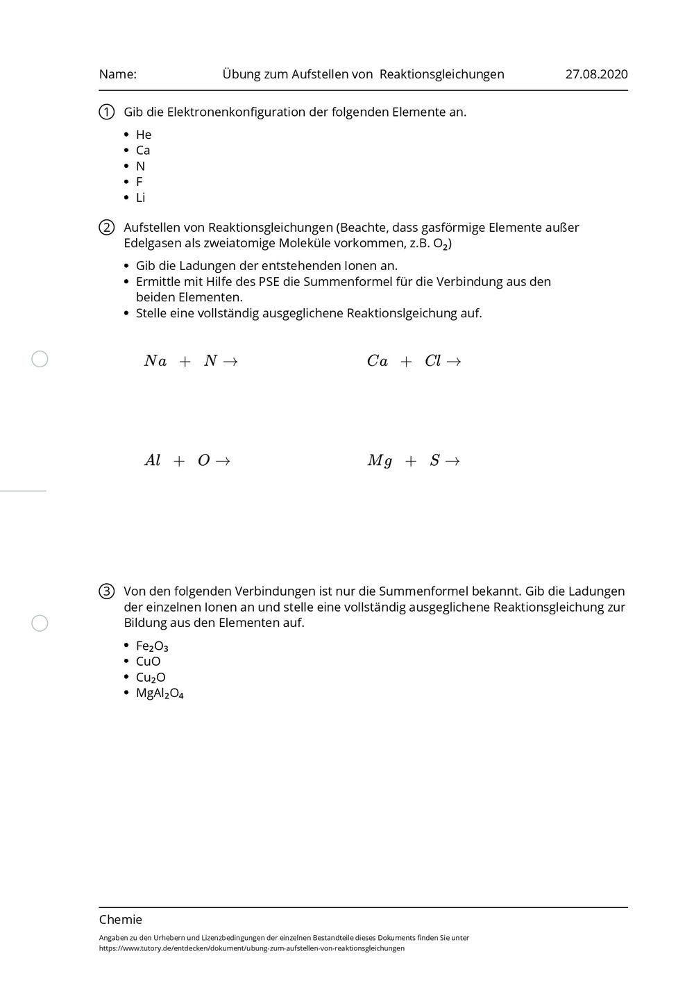 Test Z Chemii Klasa 7 Dział 4 Arbeitsblatt - Übung zum Aufstellen von Reaktionsgleichungen - Chemie