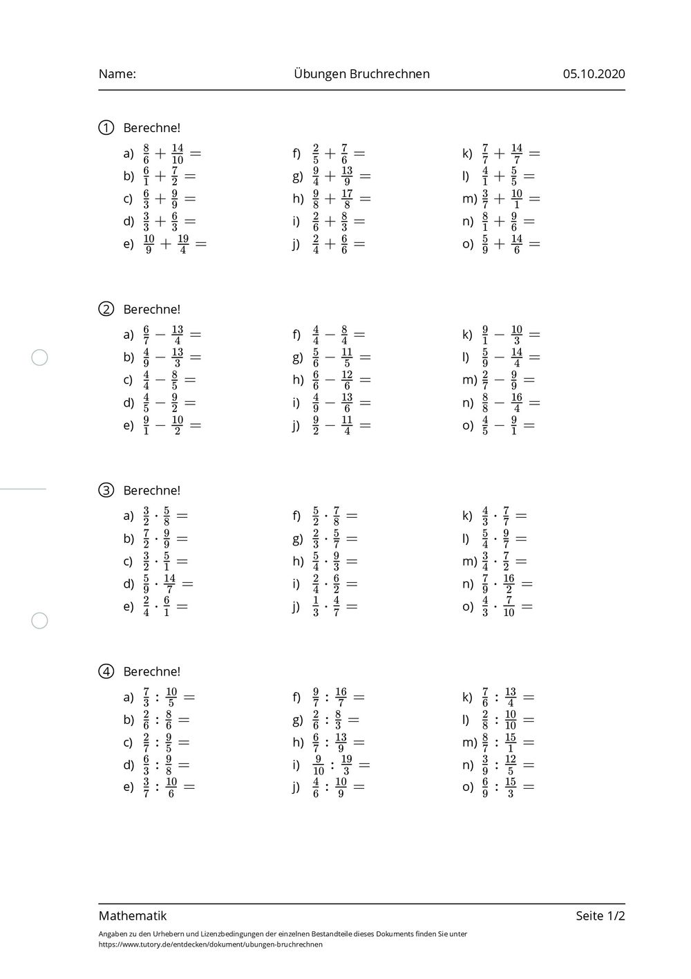 Arbeitsblatt Übungen Bruchrechnen Mathematik tutory.de Arbeitsblatt Übungen Bruchrechnen Mathematik tutory.de