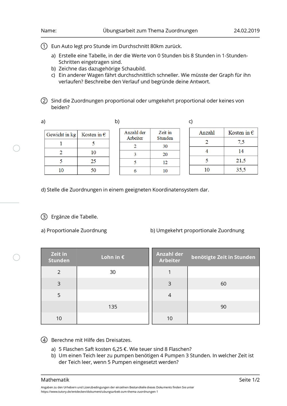 Arbeitsblatt - Übungsarbeit zum Thema Zuordnungen - Mathematik - tutory.de