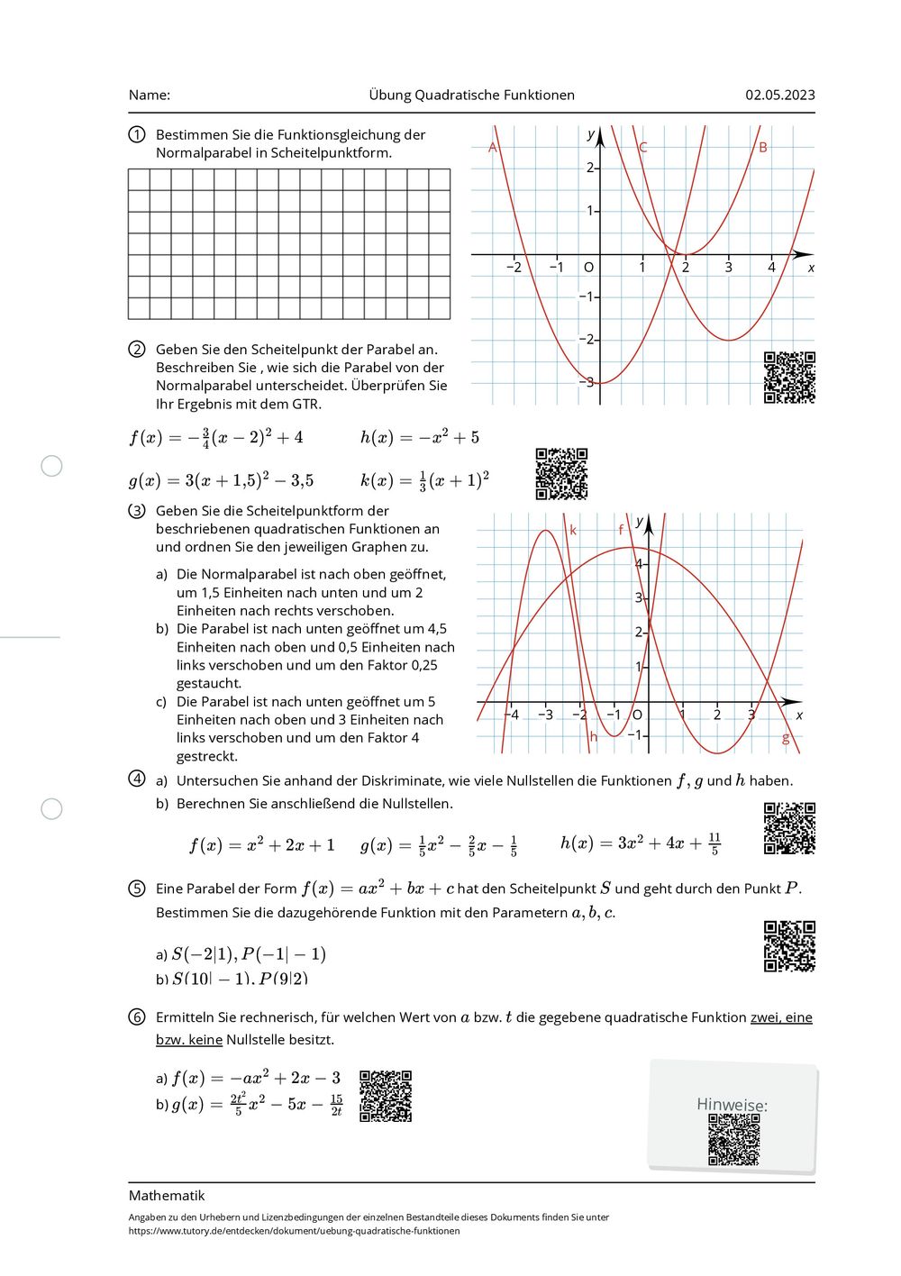 Aufgaben Quadratische Funktionen Mit Lösungen Arbeitsblatt - Übung Quadratische Funktionen - Mathematik - Allgemeine