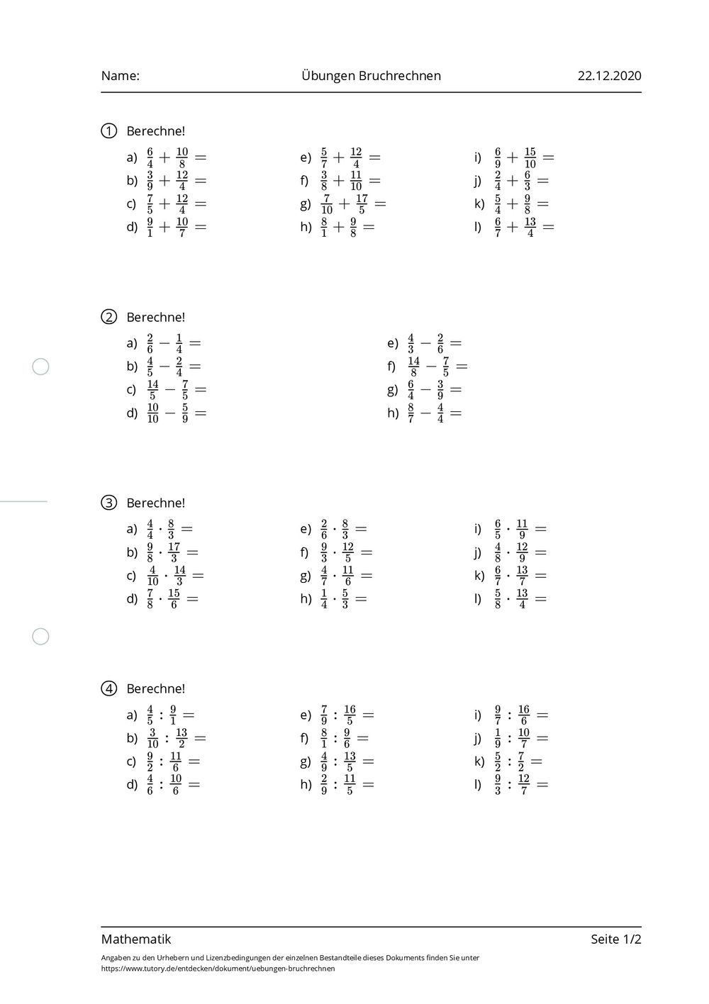 Arbeitsblatt bungen bruchrechnen mathematik tutory de