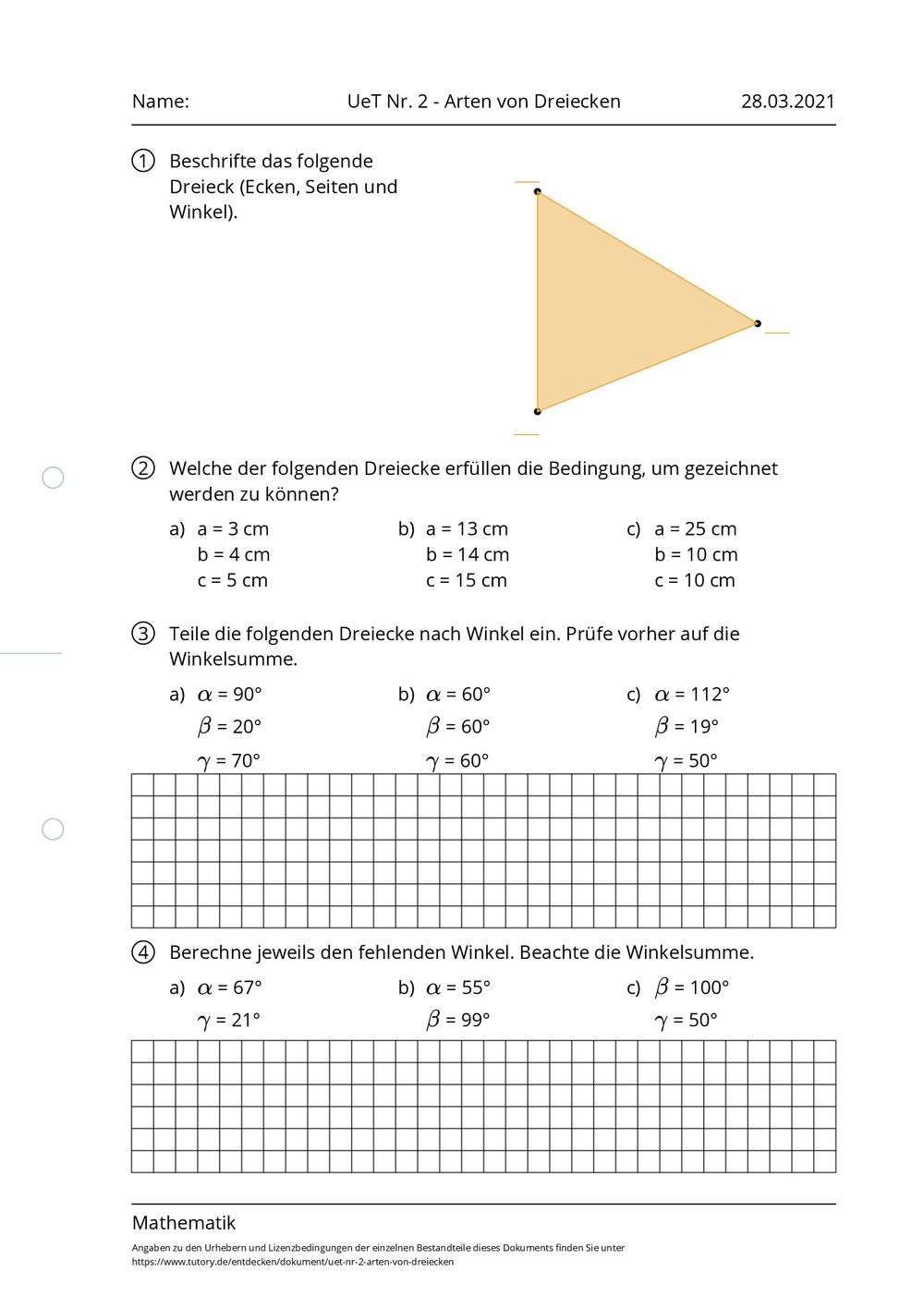 Dreiecke Konstruieren Aufgaben Pdf Mit Lösungen Arbeitsblatt - UeT Nr. 2 - Arten von Dreiecken - Mathematik - tutory.de