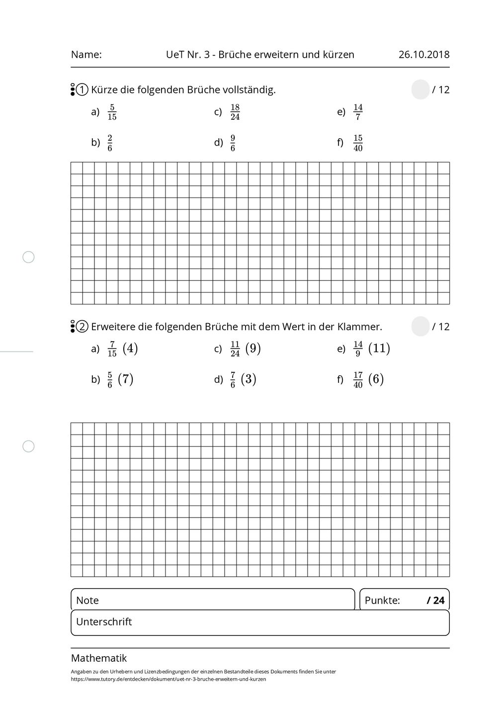 Arbeitsblatt UeT Nr. 3 Brüche erweitern und kürzen Mathematik Mittlere Reife tutory.de Arbeitsblatt UeT Nr. 3 Brüche erweitern und kürzen Mathematik Mittlere Reife tutory.de