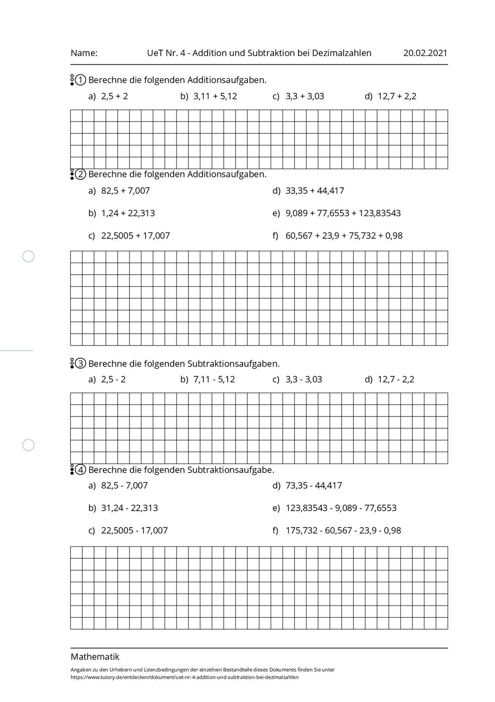 Arbeitsblatt uet nr 4 addition und subtraktion bei dezimalzahlen