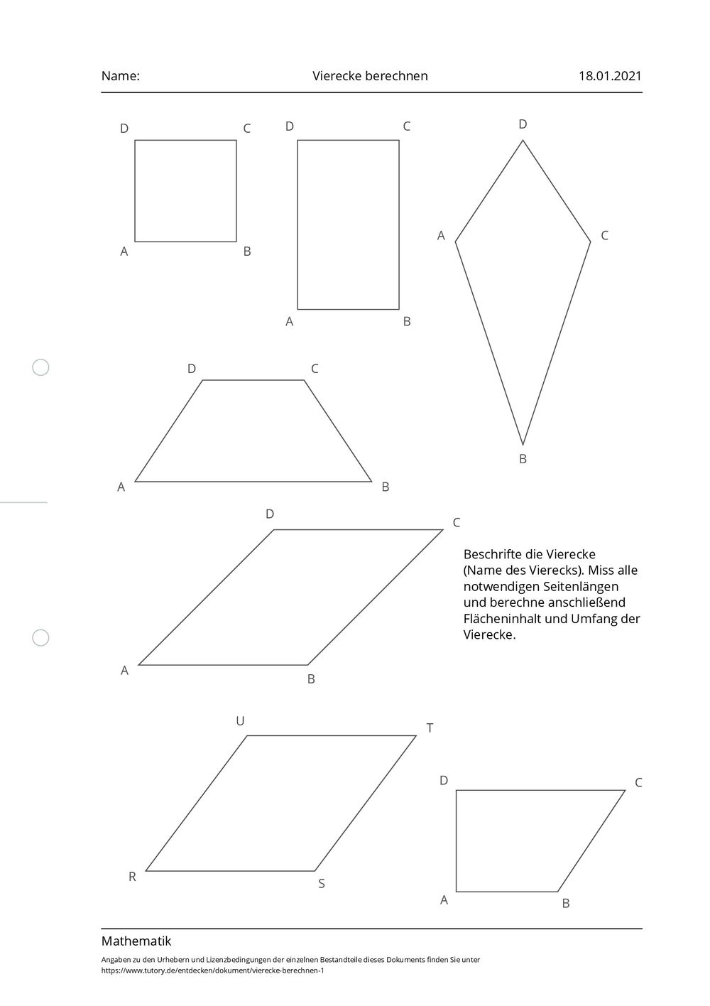 Arbeitsblatt - Vierecke berechnen - Mathematik - tutory.de