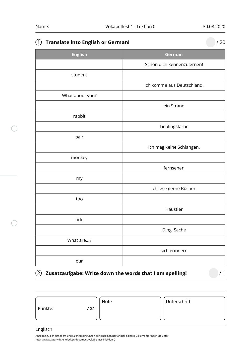Arbeitsblatt vokabeltest 1 lektion 0 englisch tutory de