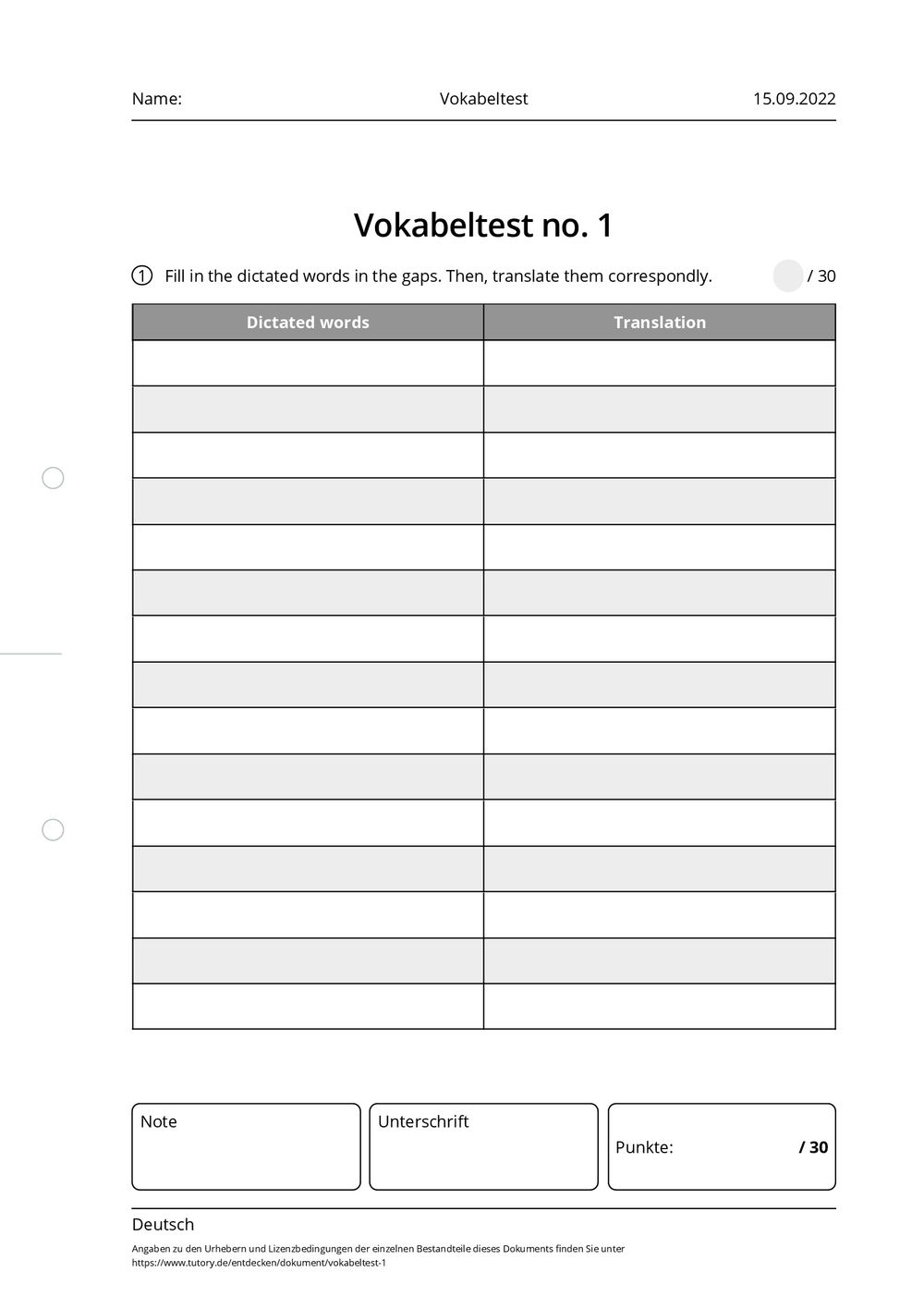 Arbeitsblatt - Vokabeltest - Deutsch - tutory.de