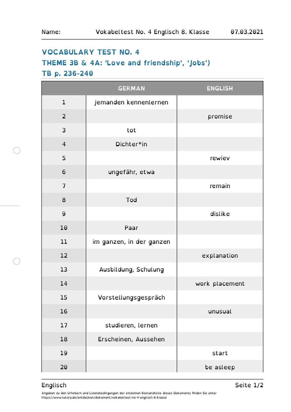 Arbeitsblatt - Vokabeltest No. 4 Englisch 8. Klasse - Englisch - tutory.de