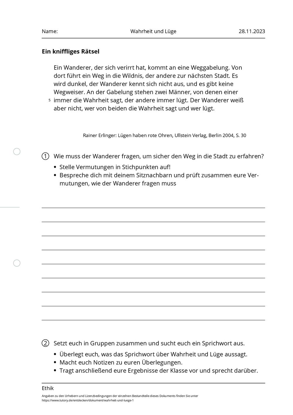 Arbeitsblatt Wahrheit und Lüge Ethik tutory.de