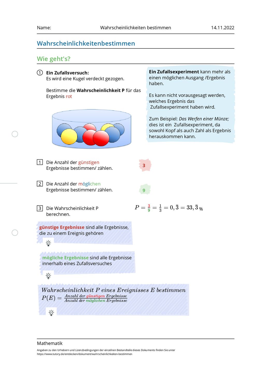Aufgaben Zu Wahrscheinlichkeitsrechnung Mit Lösung Arbeitsblatt - Wahrscheinlichkeiten bestimmen - Mathematik - tutory.de