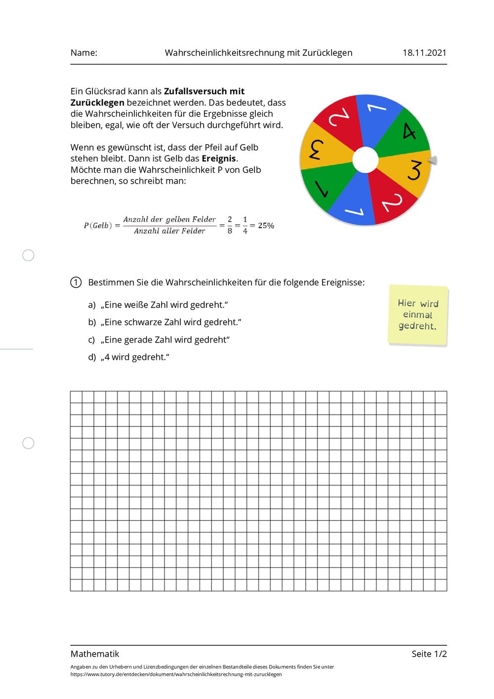 Aufgaben Zu Wahrscheinlichkeitsrechnung Mit Lösung Arbeitsblatt - Wahrscheinlichkeitsrechnung mit Zurücklegen - Mathematik
