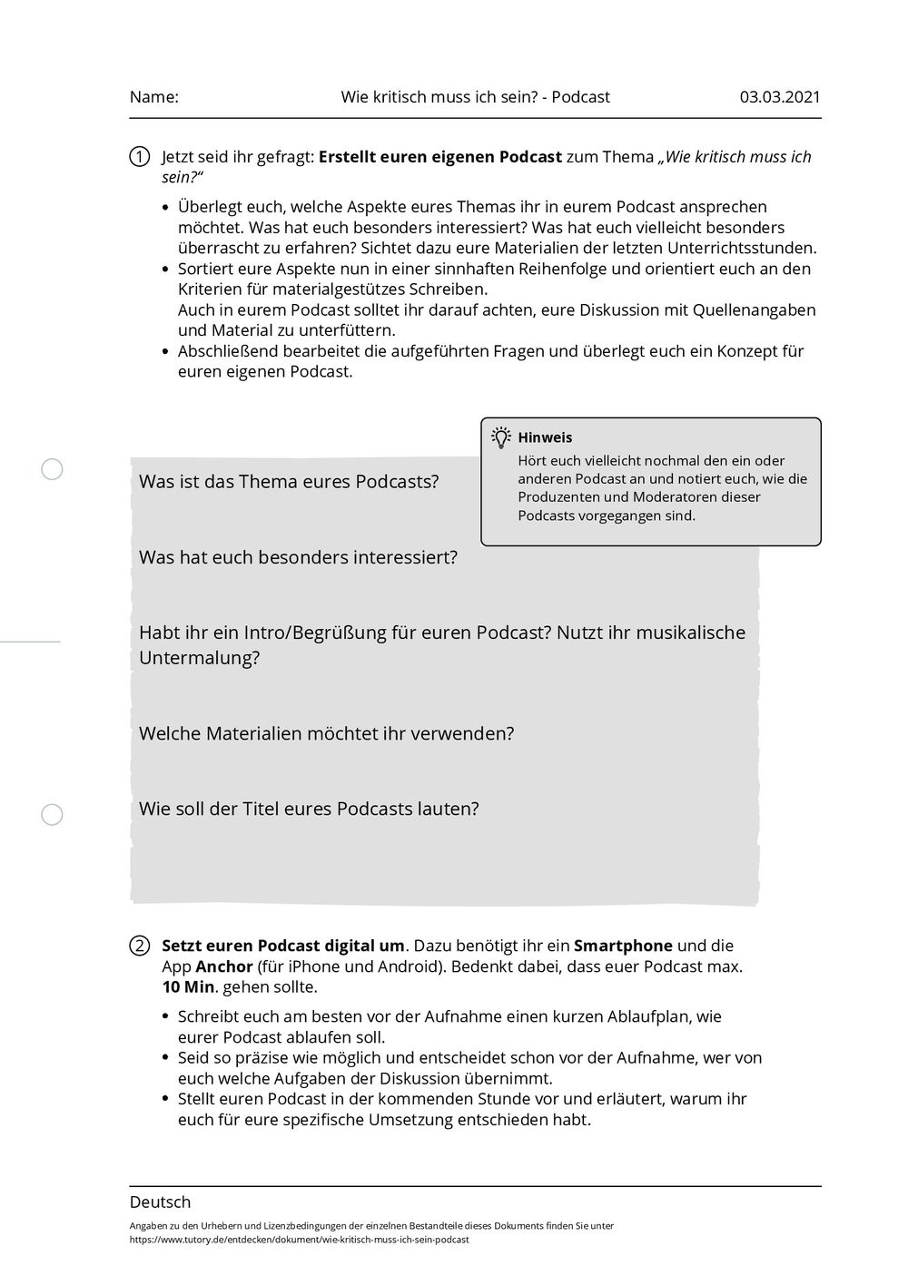 Arbeitsblatt Wie kritisch muss ich sein? Podcast Deutsch tutory.de Arbeitsblatt Wie kritisch muss ich sein? Podcast Deutsch tutory.de