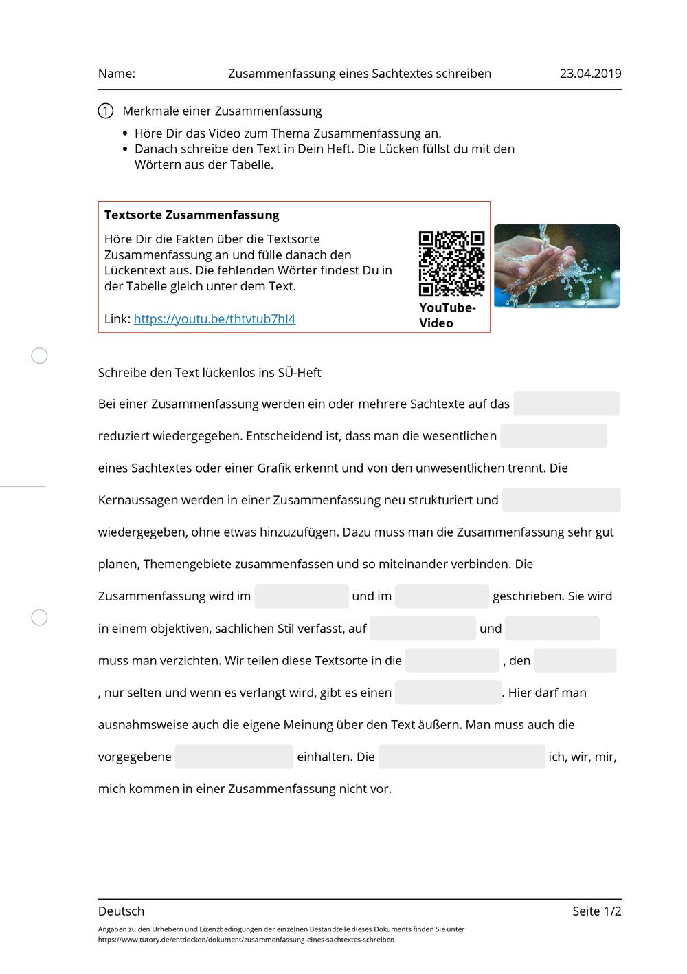 Arbeitsblatt - Zusammenfassung eines Sachtextes schreiben - Deutsch