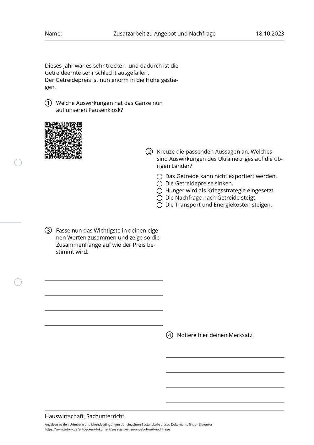 Arbeitsblatt Zusatzarbeit zu Angebot und Nachfrage Hauswirtschaft & Sachunterricht tutory.de Arbeitsblatt Zusatzarbeit zu Angebot und Nachfrage Hauswirtschaft & Sachunterricht tutory.de