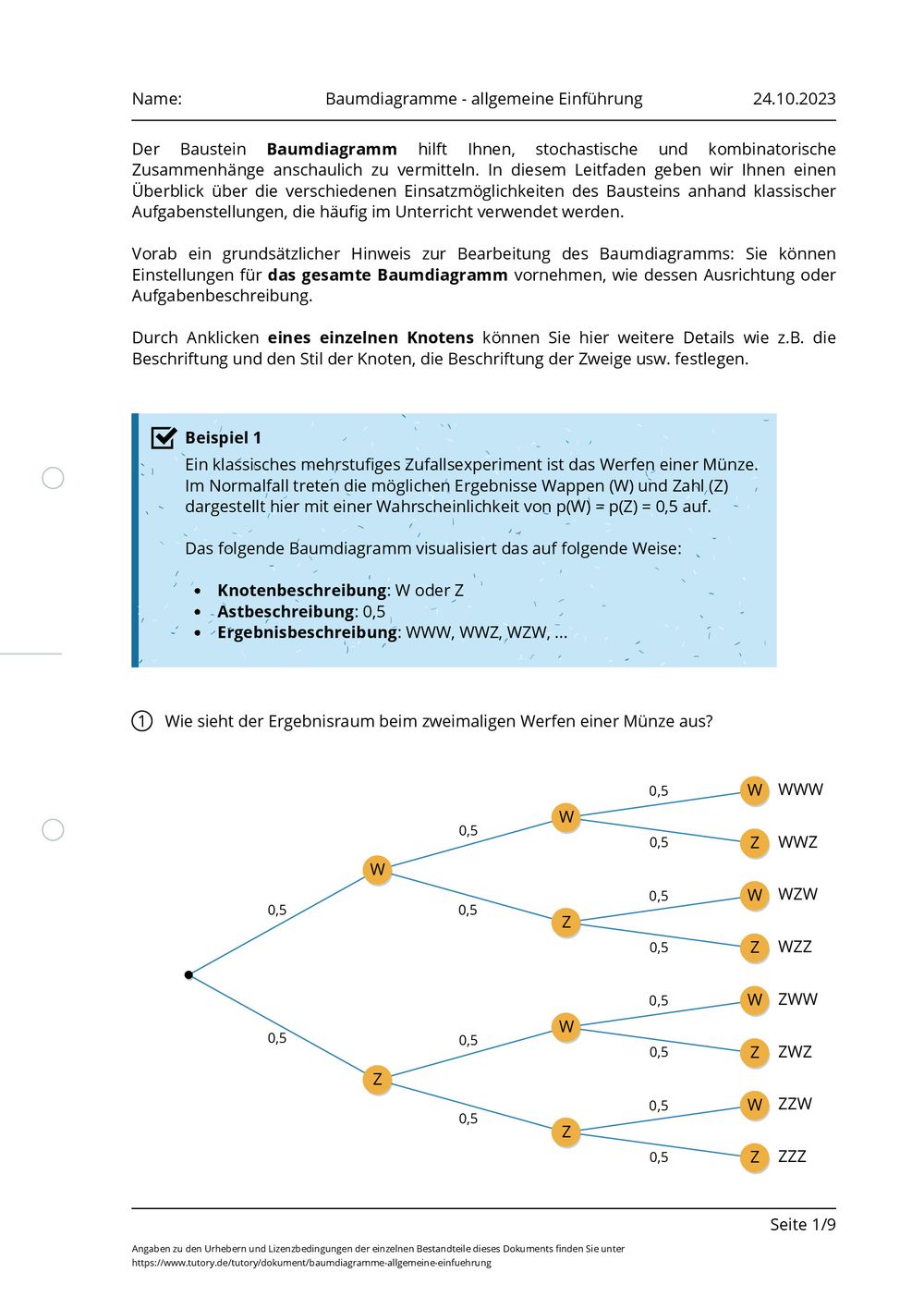 Baumdiagramm Aufgaben Mit Lösungen Pdf 5. Klasse Arbeitsblatt - Baumdiagramme - allgemeine Einführung - tutory.de