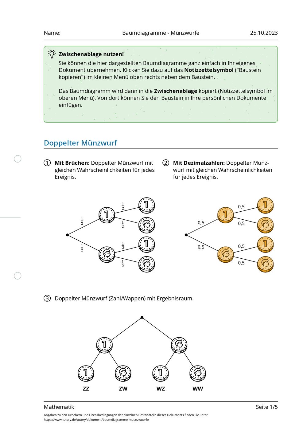Baumdiagramm Aufgaben Mit Lösungen Pdf 5. Klasse Arbeitsblatt - Baumdiagramme - Münzwürfe - Mathematik - tutory.de
