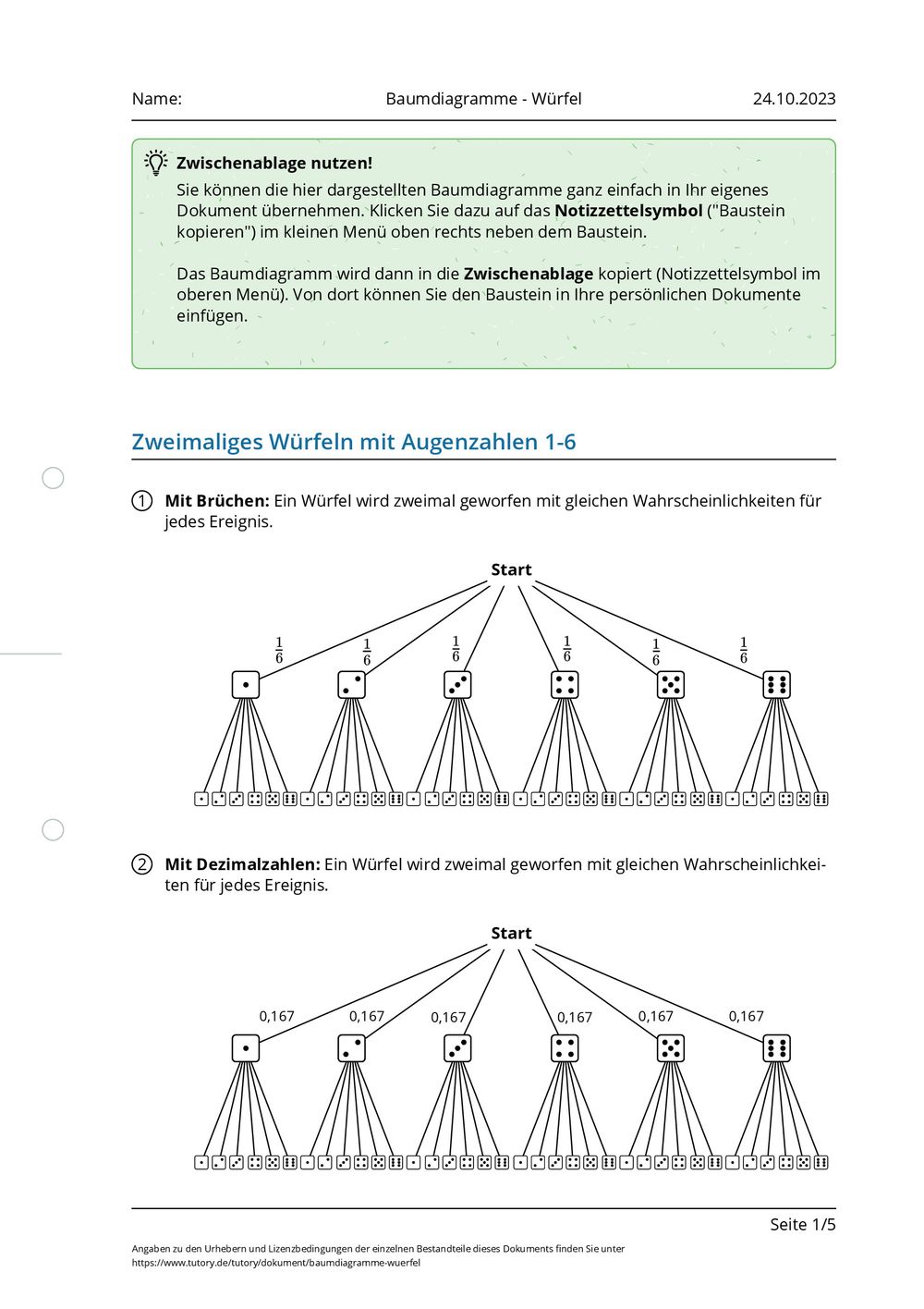 Baumdiagramm Aufgaben Mit Lösungen Pdf 5. Klasse Arbeitsblatt - Baumdiagramme - Würfel - tutory.de