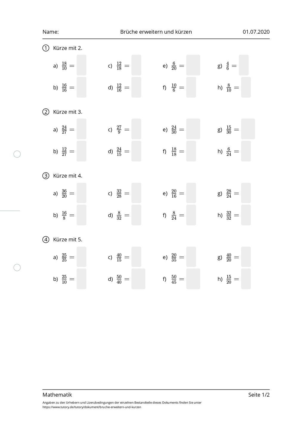 Brüche Erweitern Und Kürzen Arbeitsblatt
 Arbeitsblatt Brüche erweitern und kürzen Mathematik tutory
