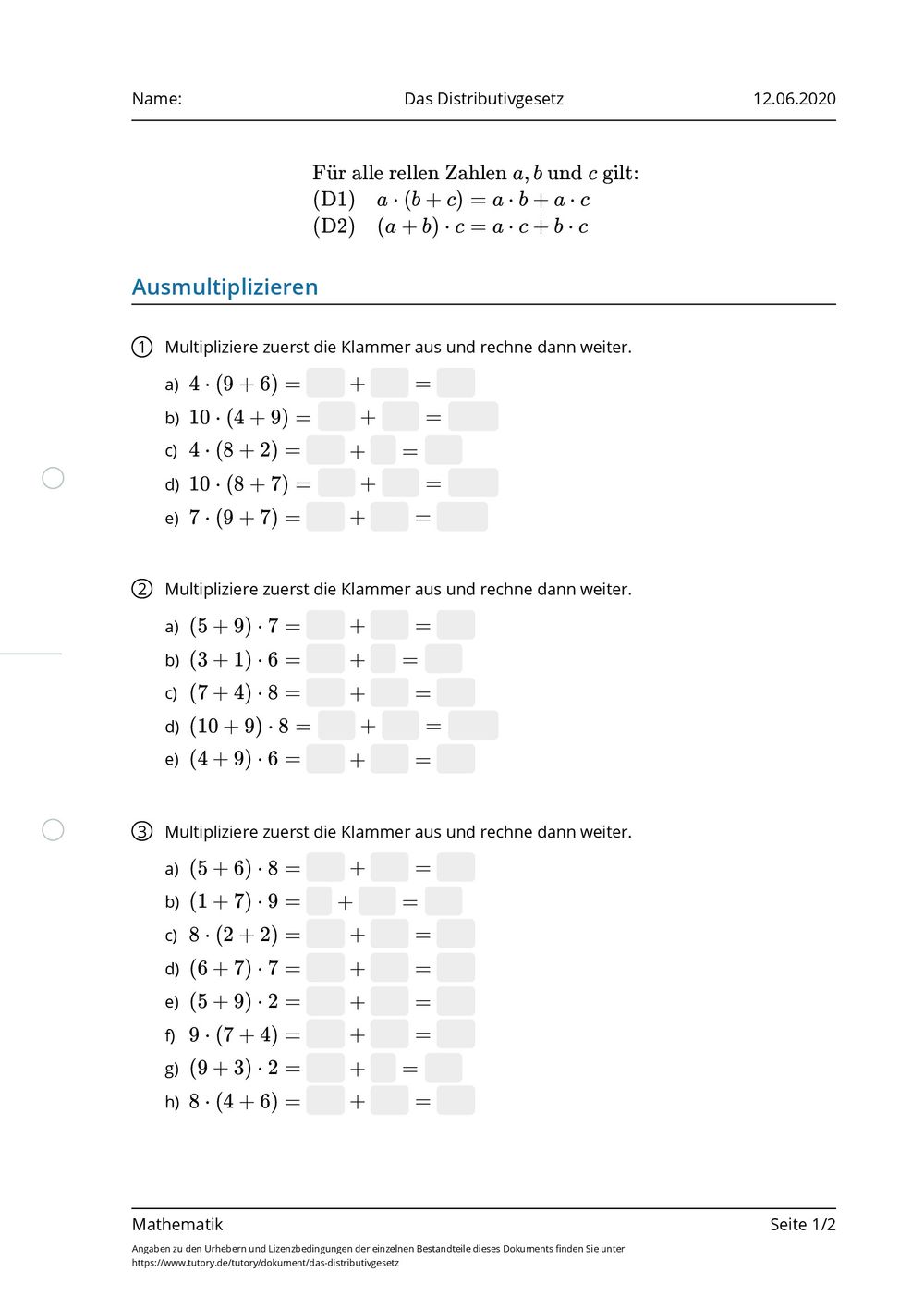 Arbeitsblatt - Das Distributivgesetz - Mathematik - tutory.de