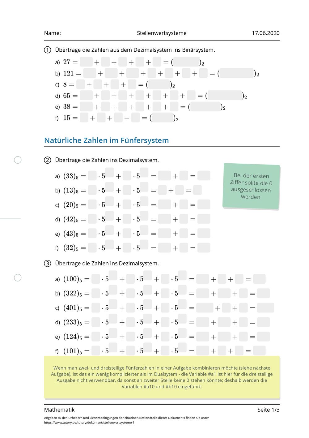 Arbeitsblatt - Stellenwertsysteme - Mathematik - tutory.de